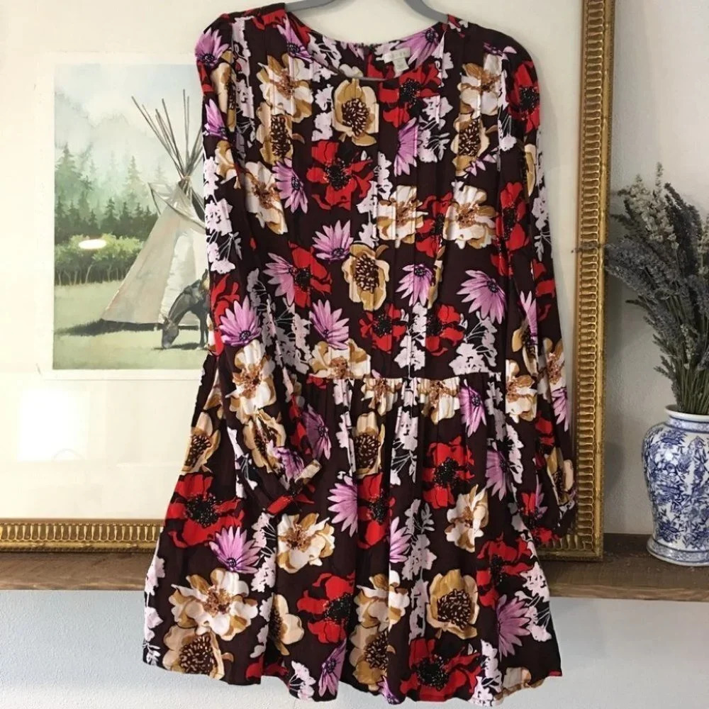 Hinge Fall Floral Tunic Dress Mini Long Sleeve